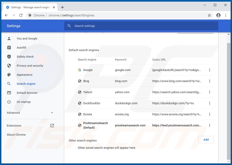 Removing prostreamssearch.com from Google Chrome default search engine