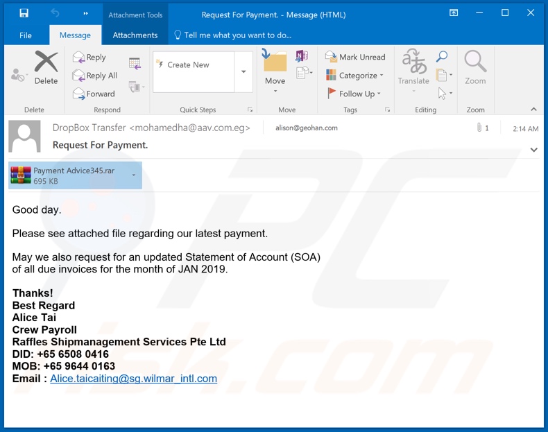 Request For Payment malware-spreading email spam campaign