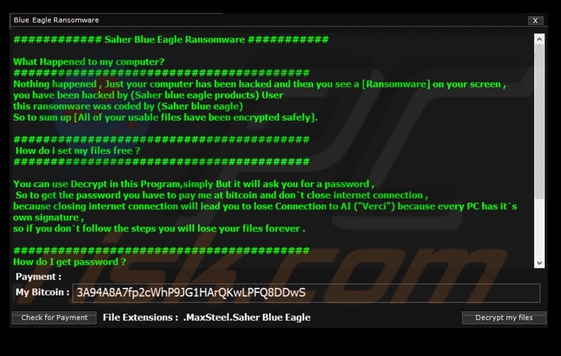 Saher Blue Eagle ransomware ransom note (pop-up)