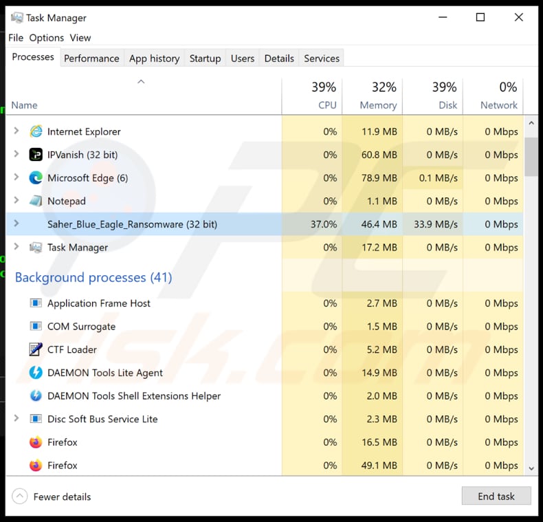 saher blue eagle ransomware process in task manager
