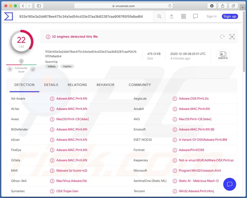 SearchUp adware detections on VirusTotal