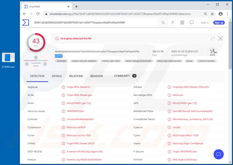 Snake malware detections on VirusTotal