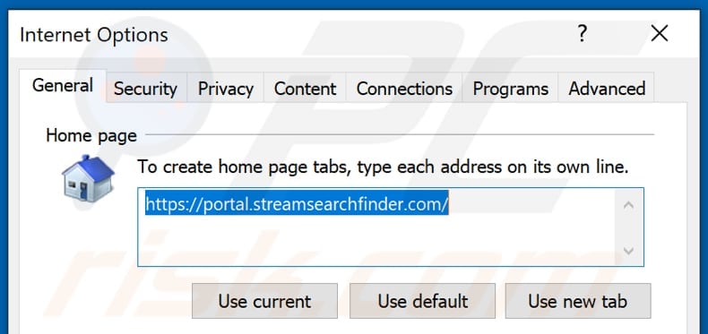 Removing streamsearchfinder.com from Internet Explorer homepage
