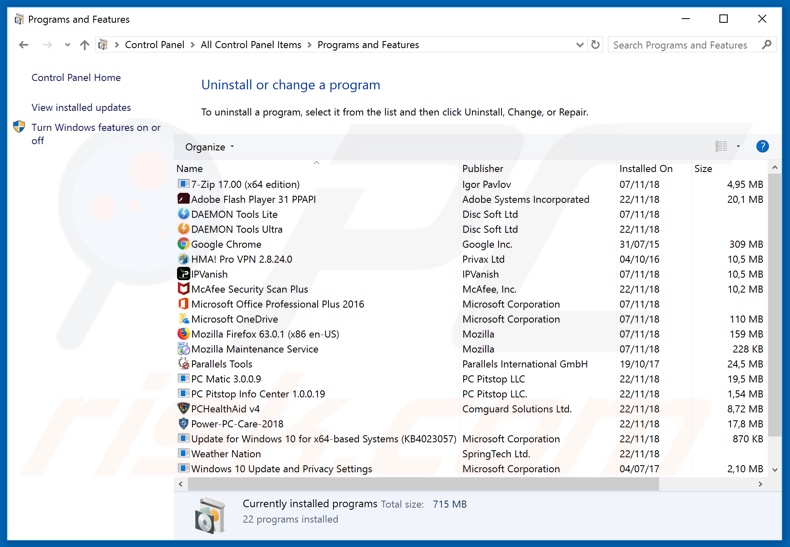 streamsearchvault.com browser hijacker uninstall via Control Panel