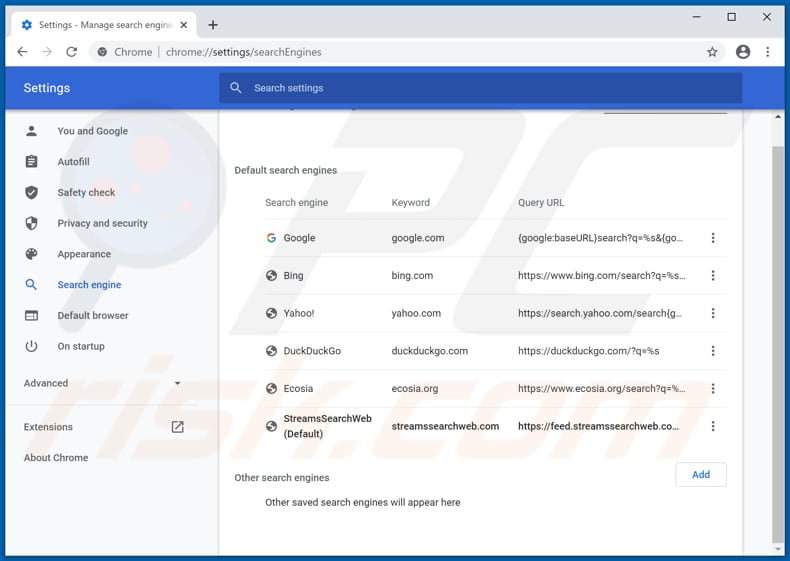 Removing streamssearchweb.com from Google Chrome default search engine