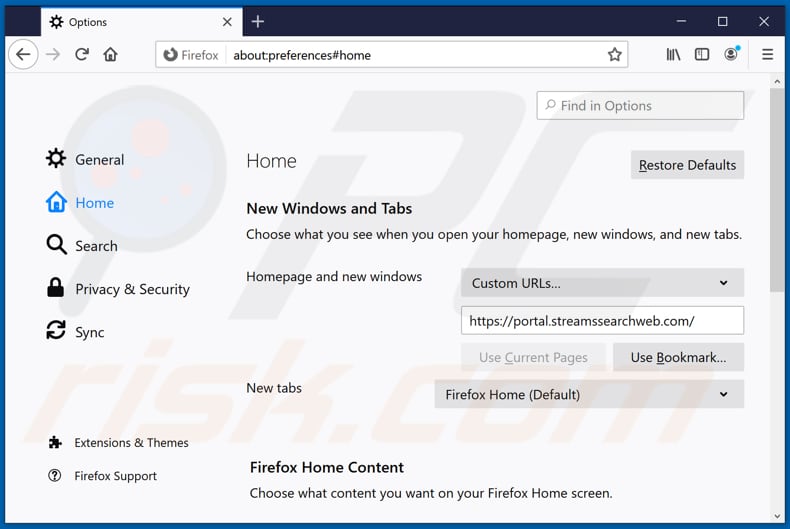 Removing streamssearchweb.com from Mozilla Firefox homepage