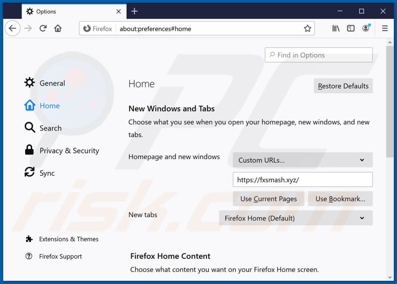 Removing fxsmash.xyz from Mozilla Firefox homepage