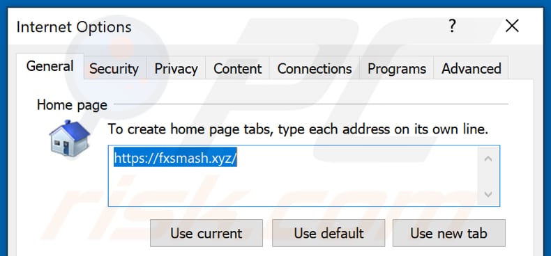 Removing fxsmash.xyz from Internet Explorer homepage