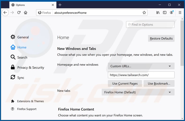 Removing tailsearch.com from Mozilla Firefox homepage
