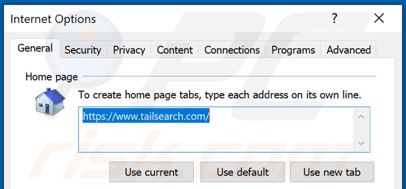 Removing tailsearch.com from Internet Explorer homepage