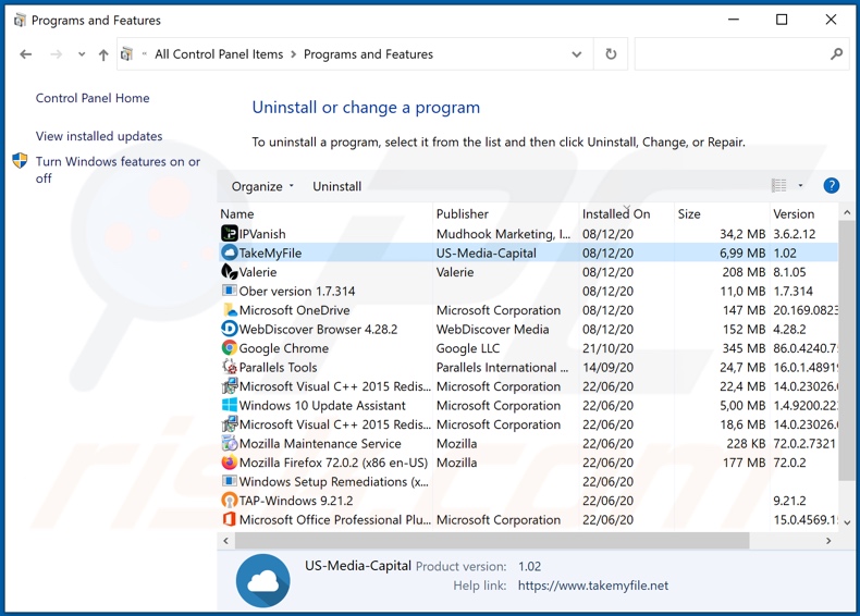 TakeMyFile adware uninstall via Control Panel