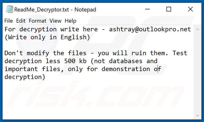 Text file delivered by Termit ransomware (ReadMe_Decryptor.txt - 2020-12-17)