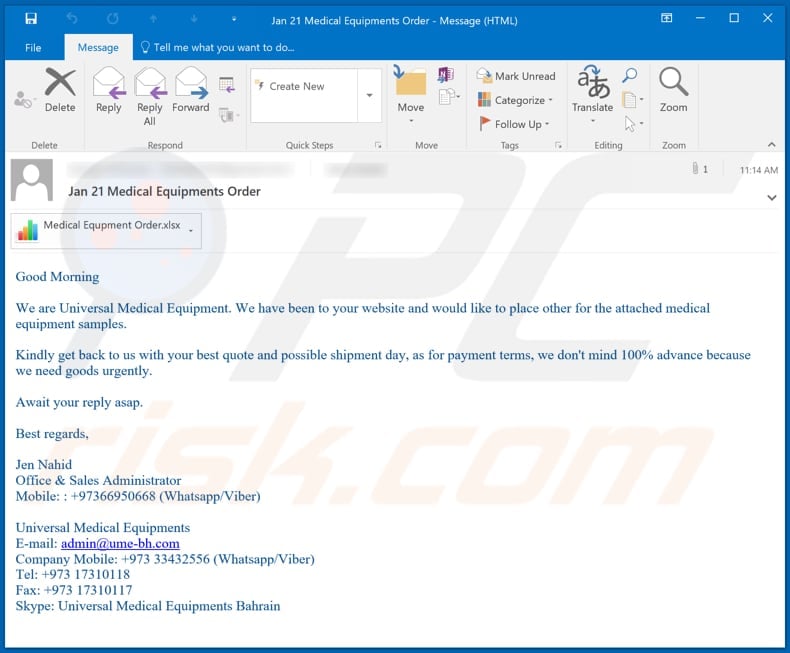 Universal Medical Equipment email virus malware-spreading email spam campaign