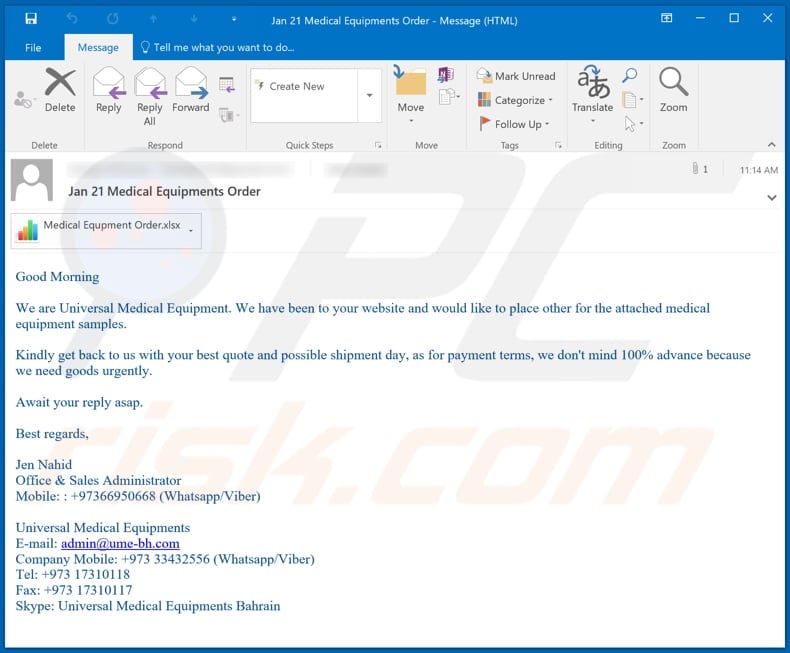 Universal Medical Equipment email virus malware-spreading email spam campaign