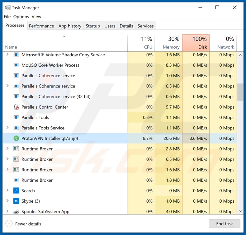 v316 running as ProtonVPN Installer gt73hjr4 in Task Manager