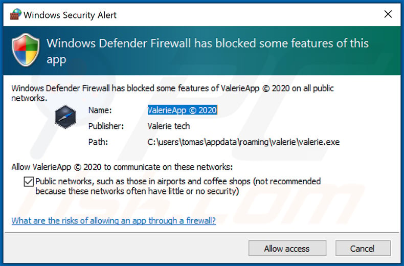 Valerie adware Windows Security Alert pop-up