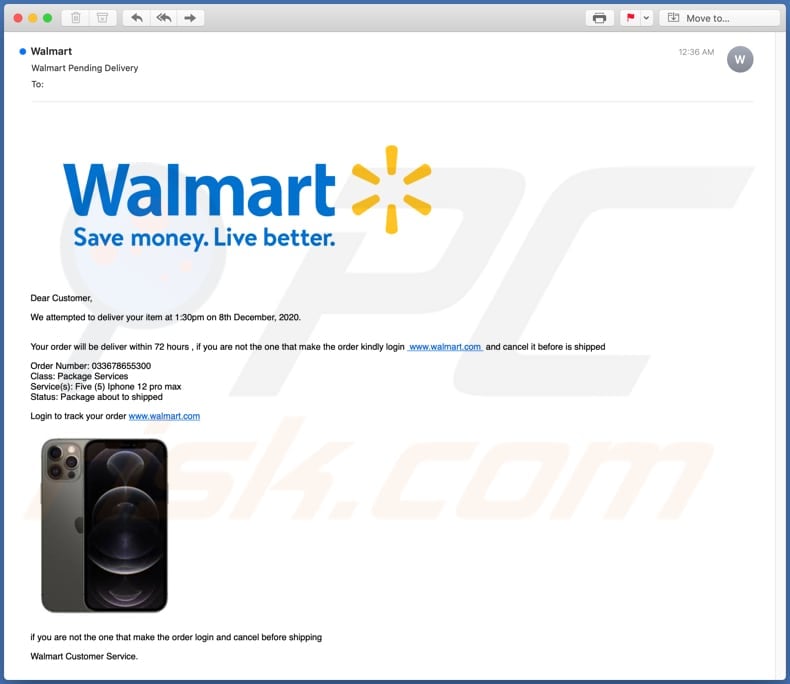 Walmart attempted delivery email spam campaign