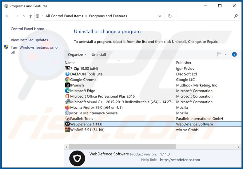 WebDefence adware uninstall via Control Panel