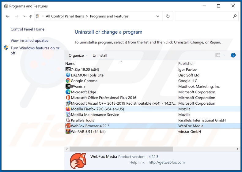 WebFox adware uninstall via Control Panel