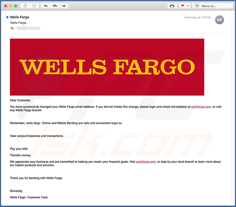 Wells Fargo-themed spam email used for phishing purposes (2020-12-07)