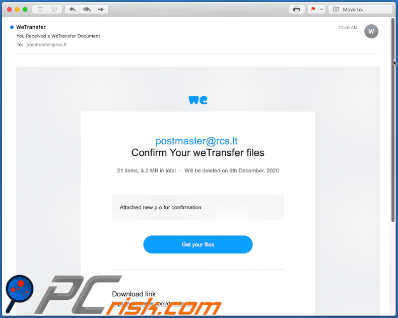 WeTransfer-themed spam email promoting a phishing website (2020-12-08)