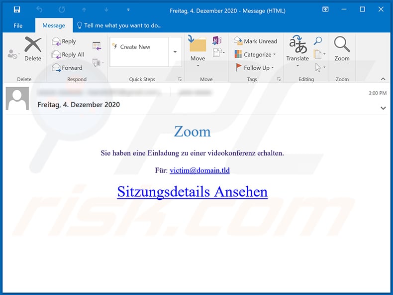 German variant of Zoom-themed spam email
