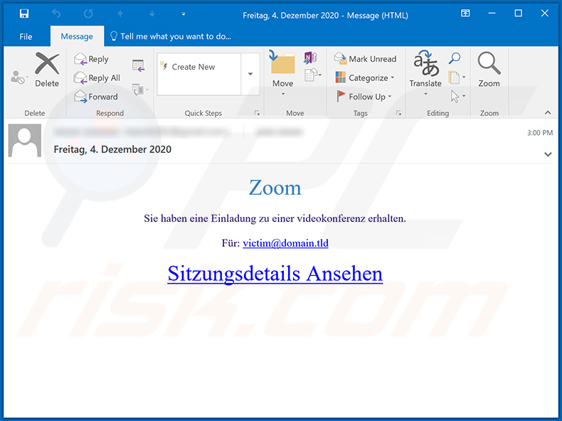 German variant of Zoom-themed spam email