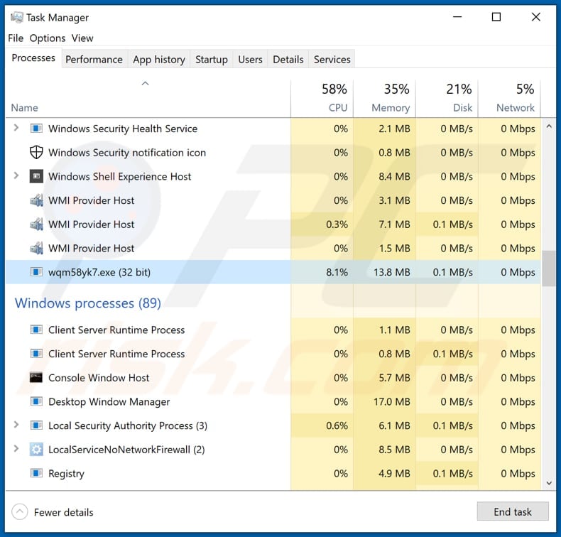 0l0lqq ransomware wqm58yk7.exe malicious process running in task manager