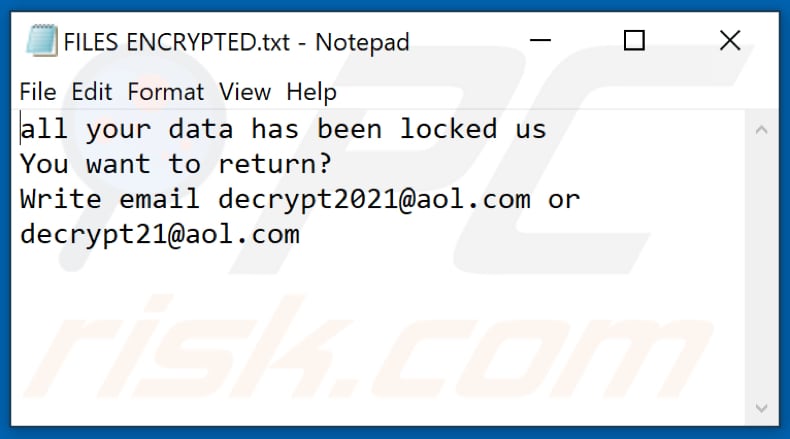 2021 ransomware text file (FILES ENCRYPTED.txt)