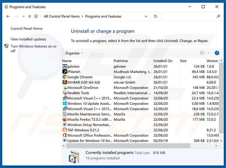 adware uninstall via Control Panel