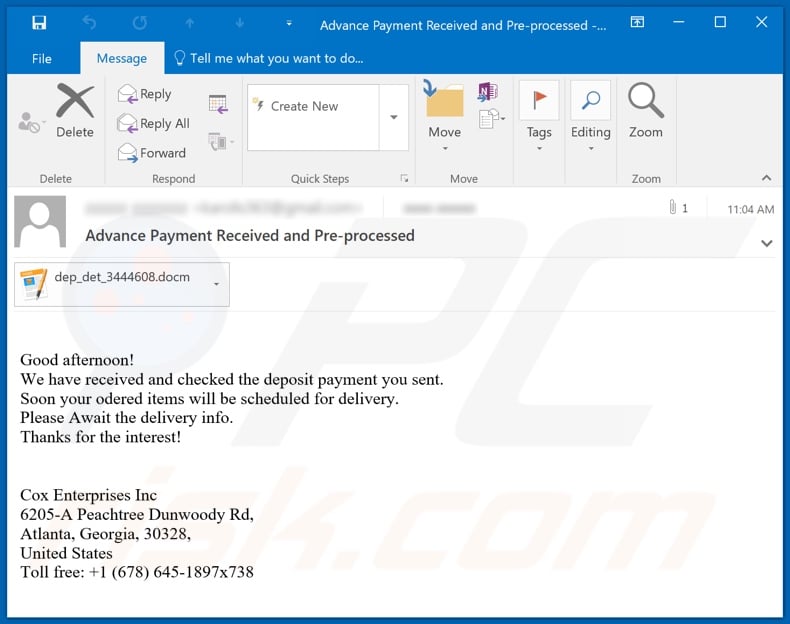 Advance Payment Received malware-spreading email spam campaign