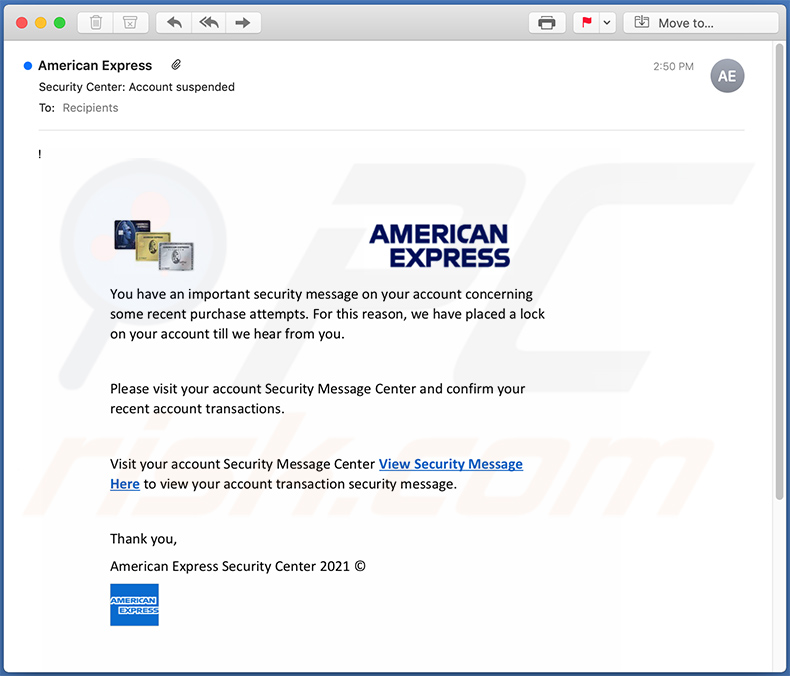 American Express-themed spam email promoting a phishing website (2021-01-14)