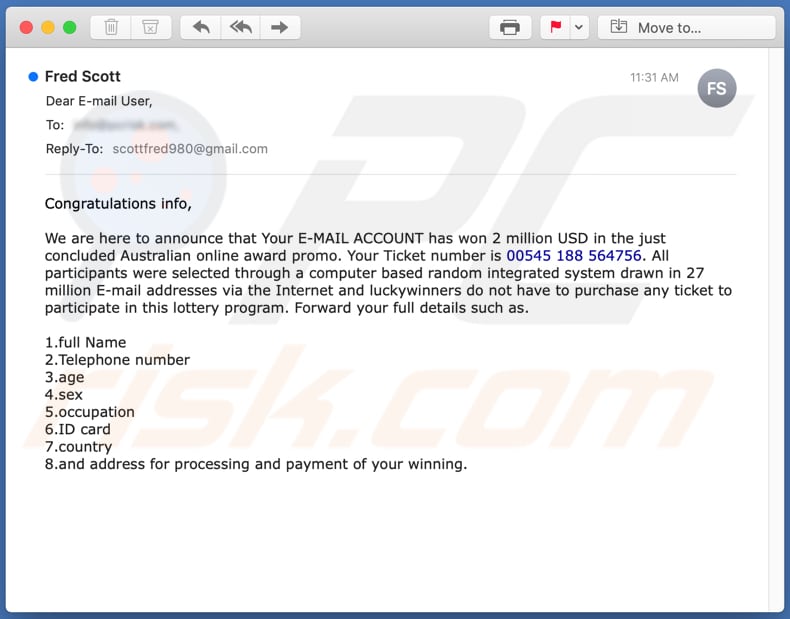 Australian online award promo email scam