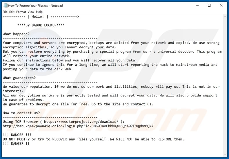 Babuk Locker decrypt instructions (How To Restore Your Files.txt)