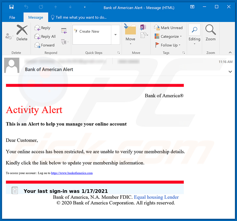 Bank of America-themed spam email used to promote a phishing website (2021-01-20)