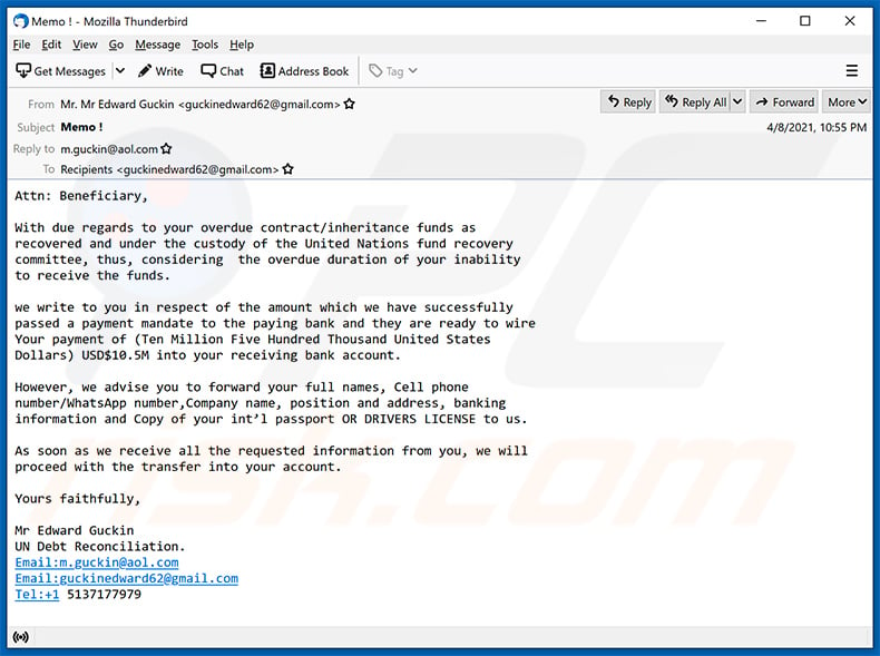 Beneficiary/Inheritance-themed spam email (2021-04-12)