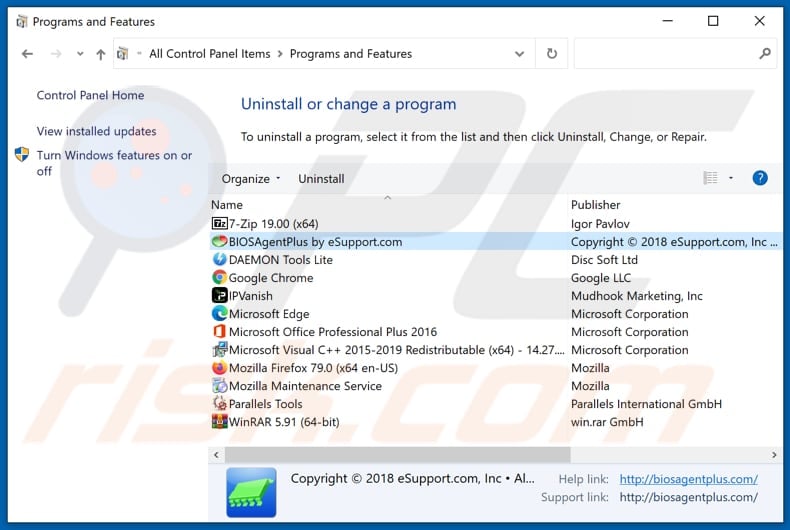 BIOSAgentPlus adware uninstall via Control Panel