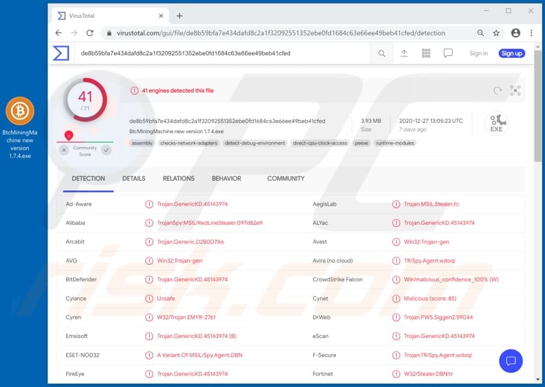 bitcoin mining machine virus virustotal detections