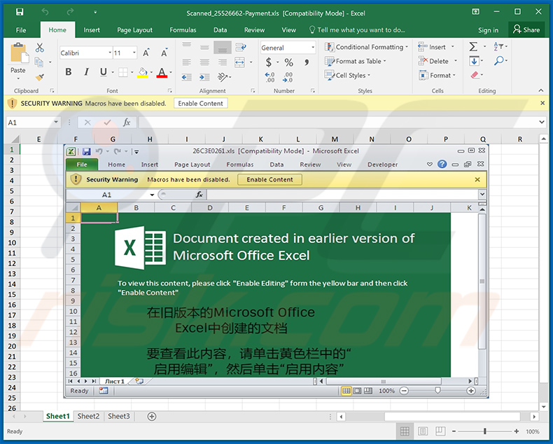 BitRAT malware-spreading MS Excel document