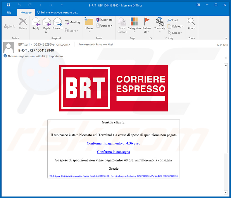BRT-themed spam email promoting a phishing website