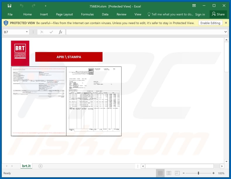 Malicious attachment distributed through BRT Email Virus spam campaign (756834.xlsm)