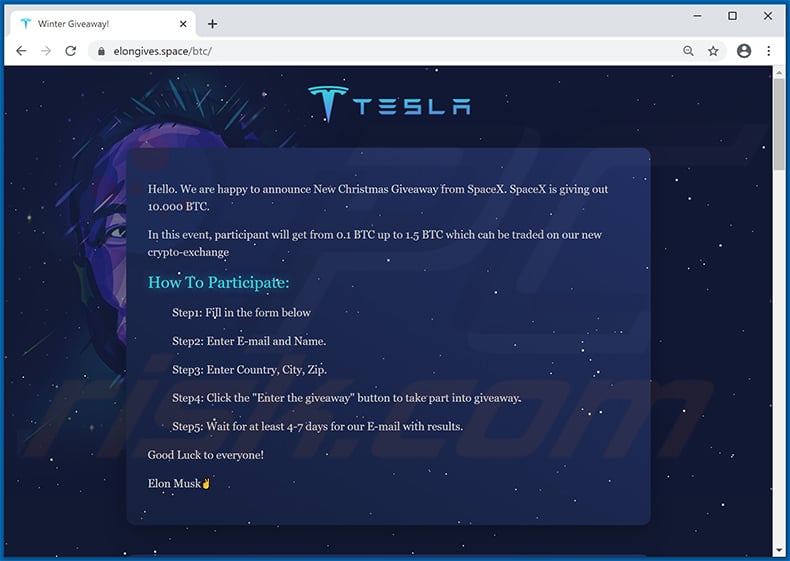 SpaceX (Tesla)-themed BTC Giveaway scam