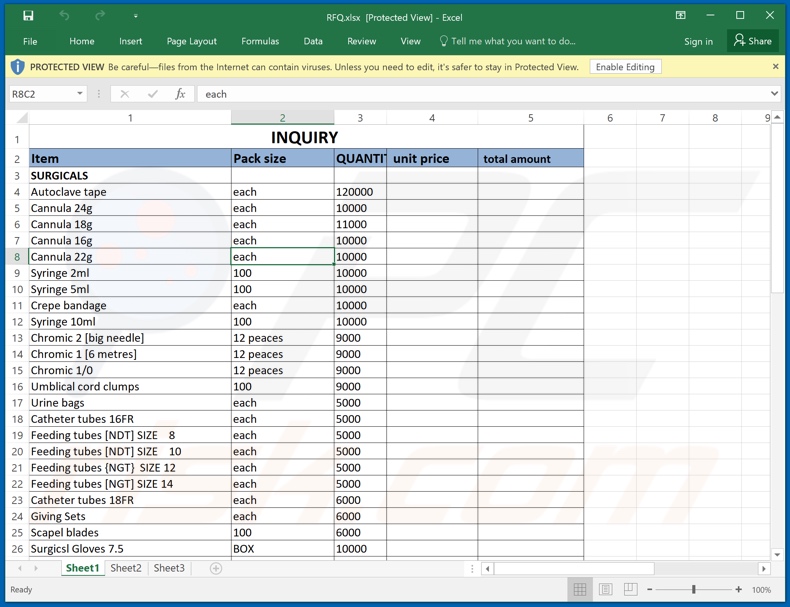 Malicious attachment (RFQ.xlsx) distributed through Cobra Industrial Machines spam campaign