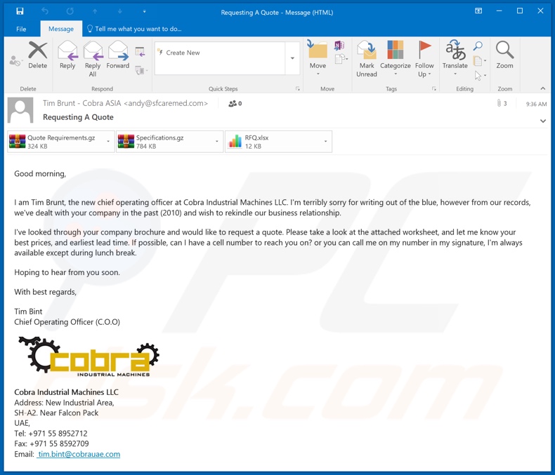 Cobra Industrial Machines malware-spreading email spam campaign