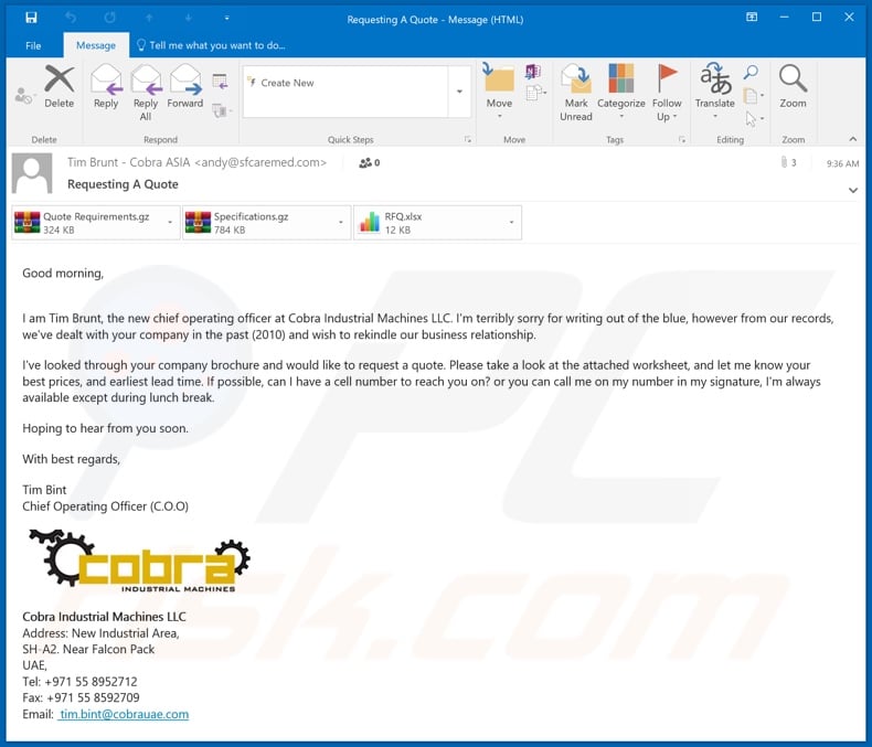 Cobra Industrial Machines malware-spreading email spam campaign