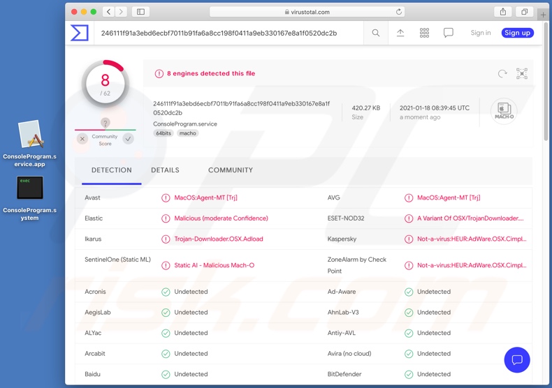 ConsoleProgram adware detections on VirusTotal