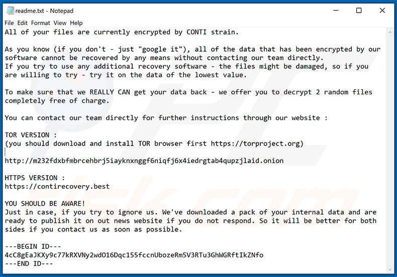 CONTI (KKBKR) ransom note (readme.txt)