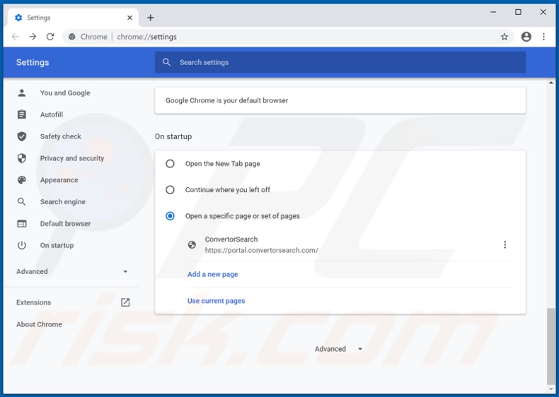 Removing convertorsearch.com from Google Chrome homepage