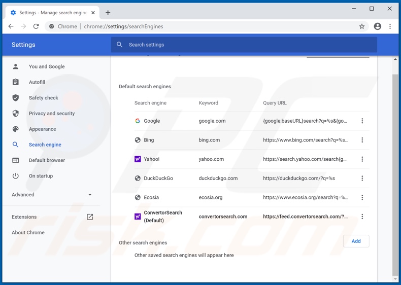 Removing convertorsearch.com from Google Chrome default search engine