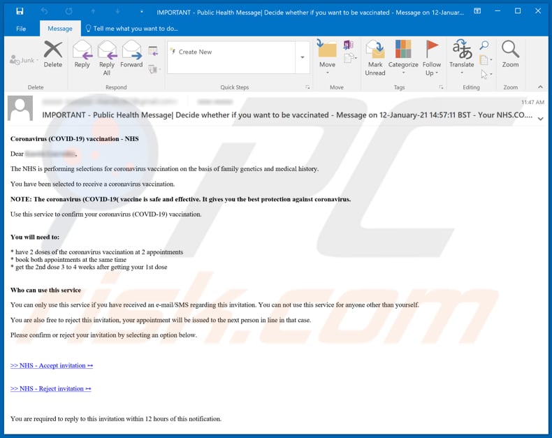 COVID-19 vaccination NHS phishing email